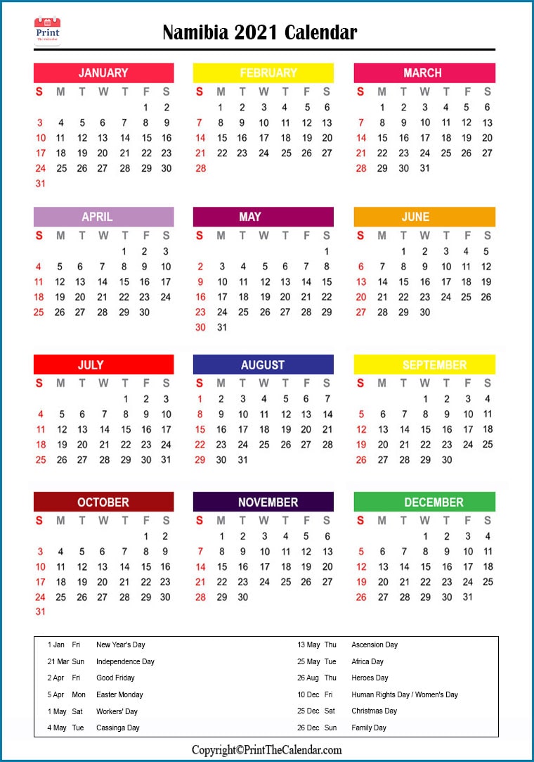 Namibia Printable Calendar 2021